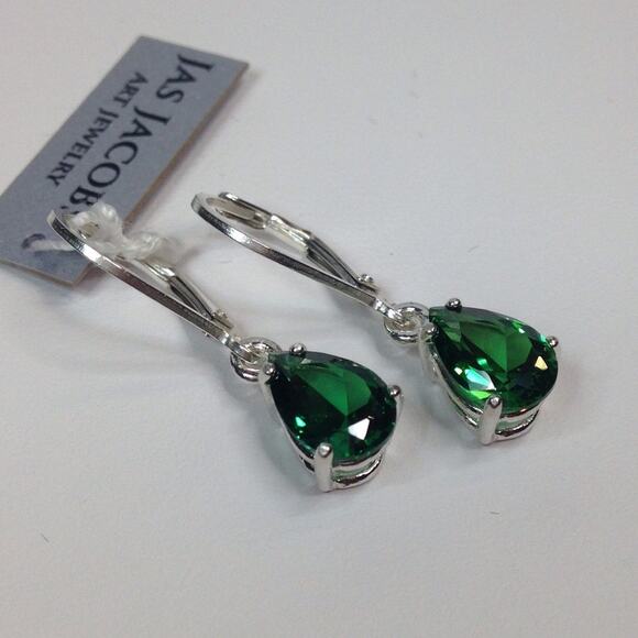 Beautiful 3ctw Pear Cut Emerald Earrings in Sterling Silver Dangle Leverbacks - Picture 1 of 10